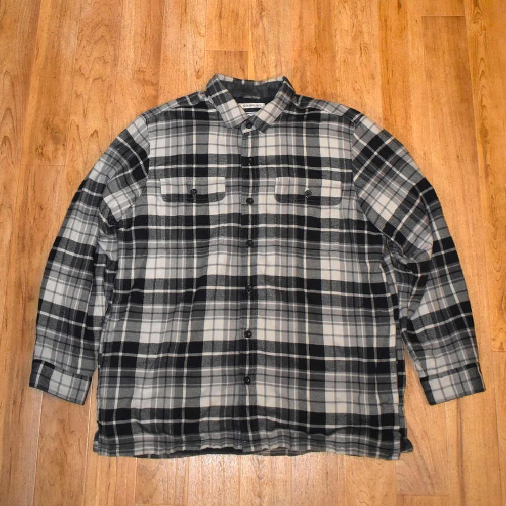 LL Bean Fleece Lined Flannel Shirt Jacket Mens L Gray Black Plaid 298189 - Picture 2 of 5